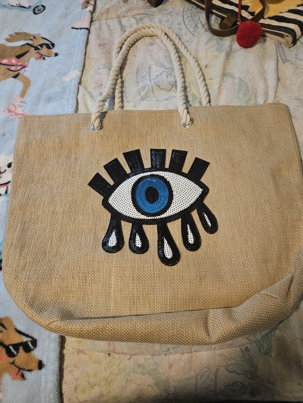 BRAND NEW ** Beige Straw Tote Bag with Eye Motif - Blue Accent